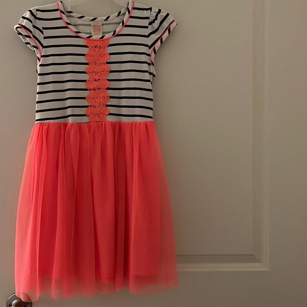 Girl dress size L (10/12) pink, white and black stripes